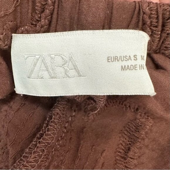 Zara Chocolate Brown Embroidered Floral Wide Leg Pants Size Small - Picture 2 of 3